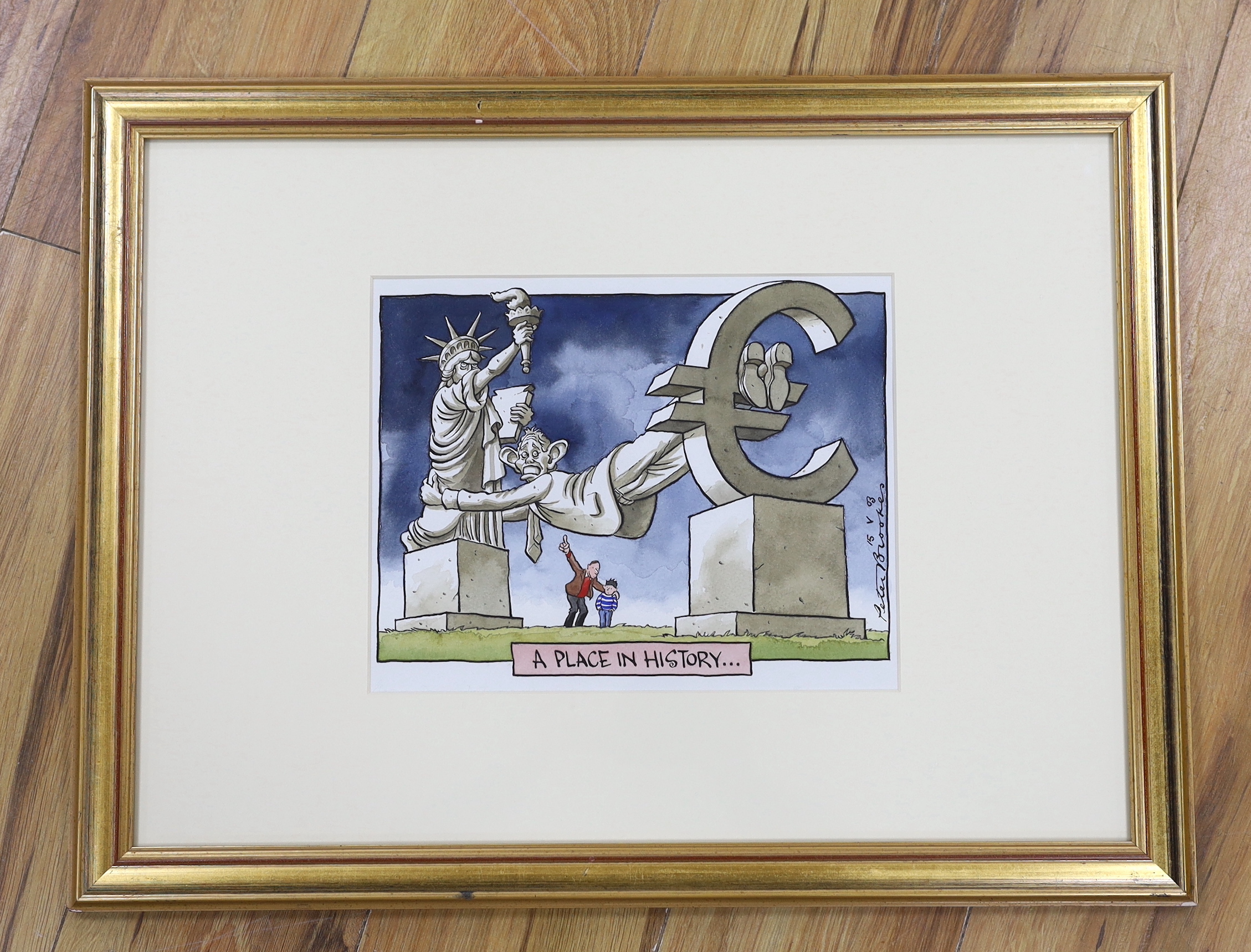 Peter Brookes (b.1943), pen, ink and watercolour satirical cartoon, 'A Place in History', signed, inscribed and dated 15 v 03, details verso, 24 x 30cm